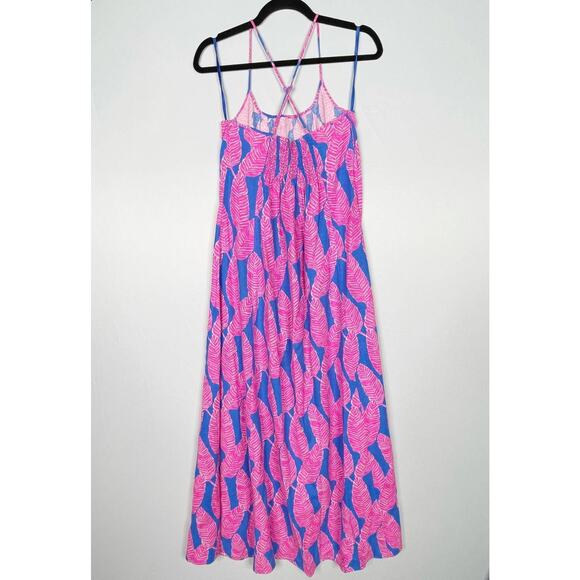 Vineyard Vines Size 00 Pink Blue Palm Print Maxi Dress Cross Strap Linen Blend - Picture 2 of 11